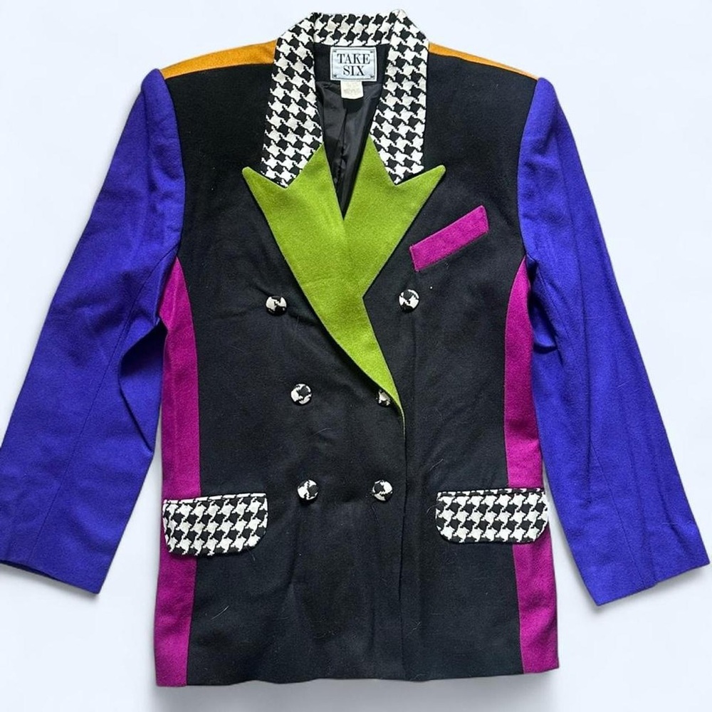 Vintage RARE 1980s 100% Wool Maximalist Color Block Houndstooth Blazer Size 12